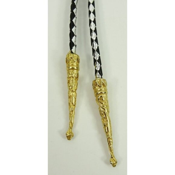Thunderbird Bolo Tie String Necktie Golden Tips Braided Silver and Black Cord - Picture 3 of 6